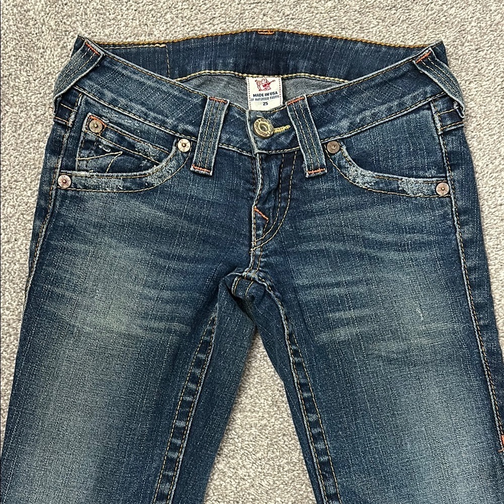 True Religion Blue Straight Leg Jeans with Classic Gold Stitching